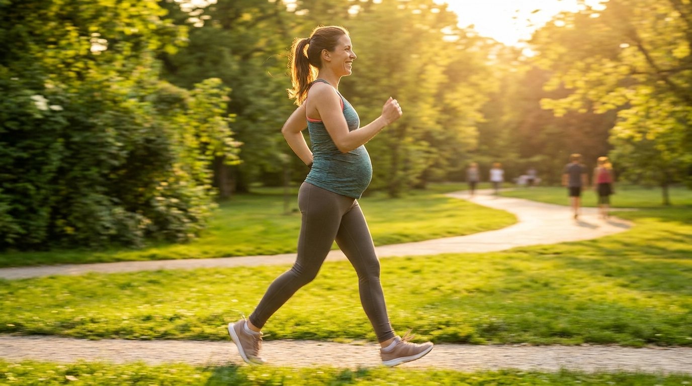 Femme enceinte en tenue de sport pratiquant la marche active dans un parc verdoyant